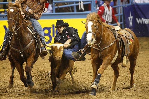 Steer wrestler Luke Branquinho of Los Alamos, Calif. competes during the final night of the Wrangler National Finals Rodeo Saturday, Dec. 15, 2012. Branquinho took the steer wrestling championship.