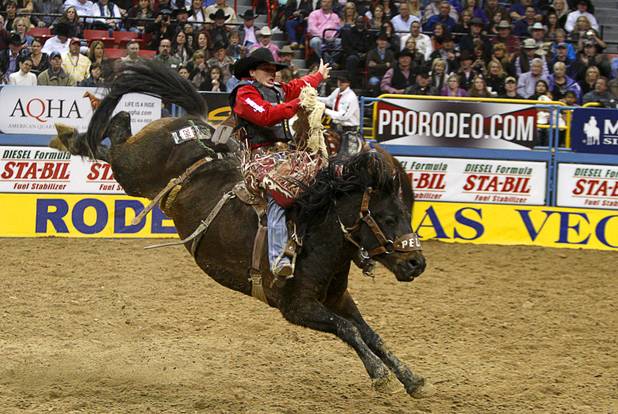 Saddle bronc rider Jesse Wright of Milford, Utah competes during the final night of the Wrangler National Finals Rodeo Saturday, Dec. 15, 2012. Wright won the championship in the saddle bronc riding.