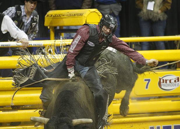 Bull rider Cody Teel of Kountze, Texas competes during the final night of the Wrangler National Finals Rodeo Saturday, Dec. 15, 2012. Teel won the world title.
