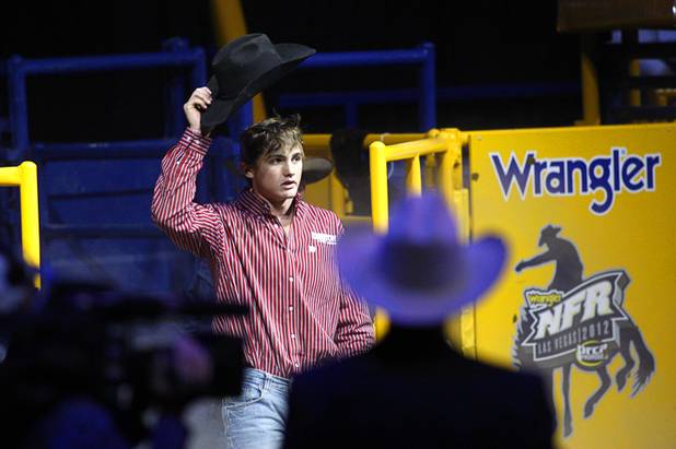 Bull rider Cody Teel of Kountze, Texas is introduced after winning the world title during the final night of the Wrangler National Finals Rodeo Saturday, Dec. 15, 2012.