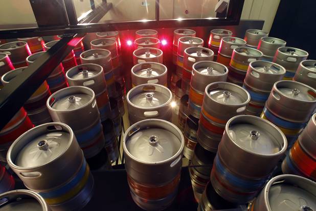 A view of the beer kegs that make up a wall in the Gordon Ramsay Pub & Grill in Caesars Palace Monday, Dec. 17, 2012.