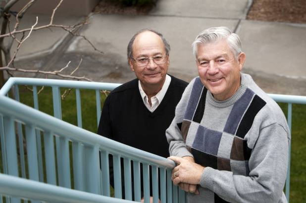 Blue Earth executives John C. Francis, left, vice president, and Johnny R. Thomas, CEO/president, pose outside the company offices in Henderson Monday, Dec. 17, 2012.  Blue Earth is involved in the clean technology industry with a primary focus on energy efficiency and renewable energy sectors.