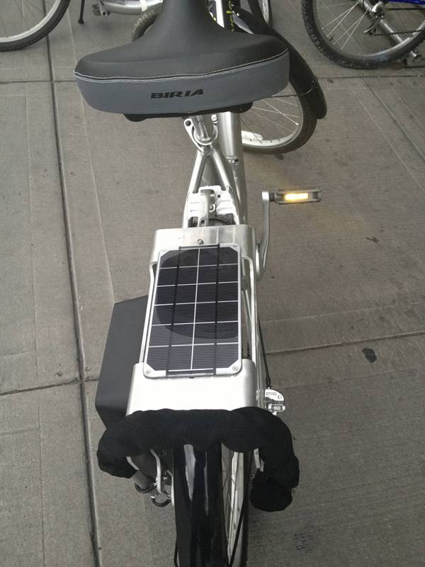 A photovoltaic cell behind the seat powers a global positioning system on the bikes in the bike-sharing program.