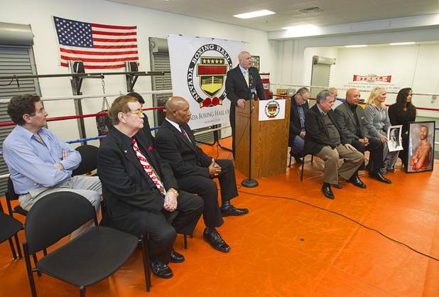 Rich Marotta, center, founder and CEO of the newly-established Nevada Boxing Hall of Fame (NVBHOF), announces the NVBHOF's inaugural class of inductees during a news conference at the Richard Steele Boxing Club in North Las Vegas Wednesday, Dec. 19, 2012. Induction will take place in 2013.