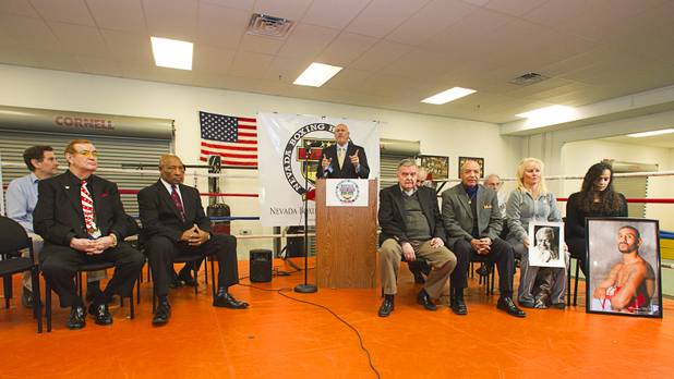 Rich Marotta, center, founder and CEO of the newly-established Nevada Boxing Hall of Fame (NVBHOF), announces the NVBHOF's inaugural class of inductees during a news conference at the Richard Steele Boxing Club in North Las Vegas Wednesday, Dec. 19, 2012. Induction will take place in 2013.
