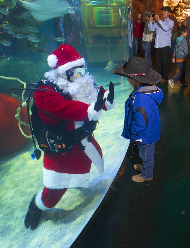 Jace Jepson, 5, checks out the underwater Santa in the Silverton's 117,000-gallon aquarium Sunday, Dec. 23, 2012. Santa took Christmas present requests from children using an underwater microphone.