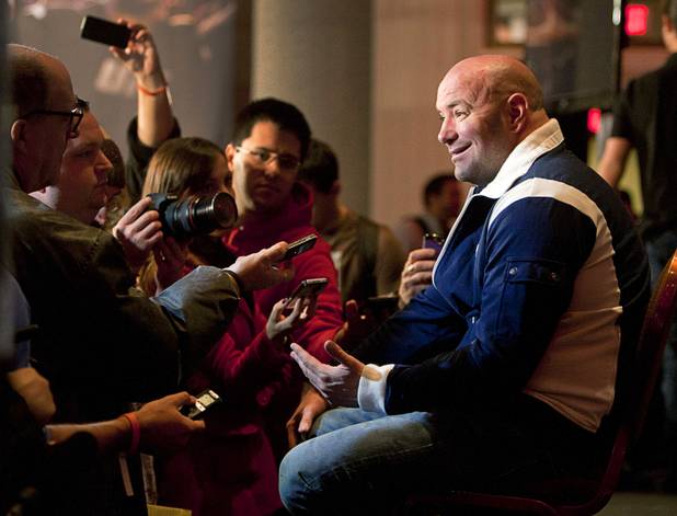 UFC president Dana White speaks with reportersat the conclusion of a news conference at the MGM Grand Thursday, Dec. 27, 2012. Heavyweight champion Junior Dos Santos of Brazil will defend the title against former champion Cain Velasquez of San Jose, Calif. during UFC155 at the MGM Grand Garden Arena Saturday.