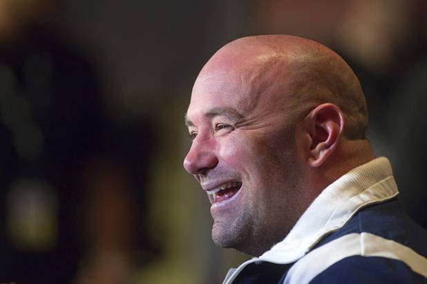 UFC president Dana White laughs as he talks with reporters at the conclusion of a news conference at the MGM Grand Thursday, Dec. 27, 2012. Heavyweight champion Junior Dos Santos of Brazil will defend the title against former champion Cain Velasquez of San Jose, Calif. during UFC155 at the MGM Grand Garden Arena Saturday.