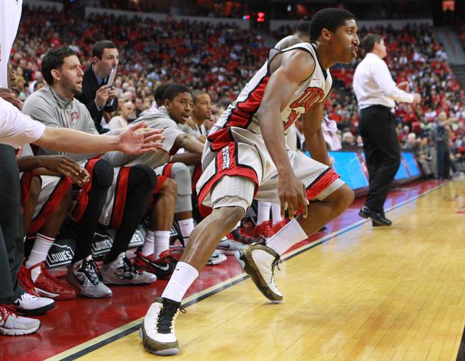UNLV guard Justin Hawkins wears a pair of Nike Air Jordan 9 'Doernbecher' shoes, which had been released the day before, during the Runnin' Rebels game against Hawaii Nov. 30, 2012. 
