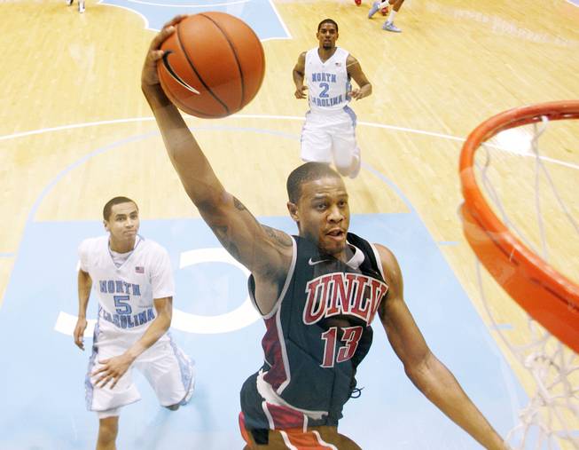 UNLV guard Bryce Dejean-Jones drives to the basket against North Carolina during their game Saturday, Dec. 29, 2012 at the Dean Smith Center in Chapel Hill, N.C. North Carolina won the game 79-73.