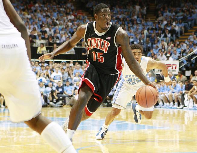 UNLV forward Anthony Bennett drives to the basket against North Carolina during their game Saturday, Dec. 29, 2012 at the Dean Smith Center in Chapel Hill, N.C. North Carolina won the game 79-73.