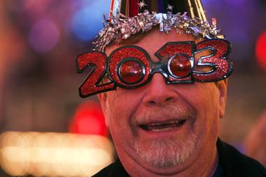 David Harley of Canada celebrates during the New Years Eve party at the Fremont Street Experience Monday, Dec. 31, 2012.