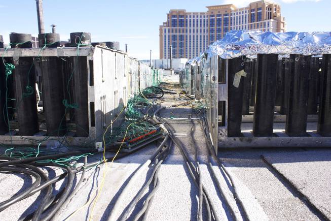 A ground level view of the fireworks set-up on the Treasure Island rooftop shows the wiring for the New Year's Eve Las Vegas Strip fireworks show, Monday, Dec. 12, 2012.