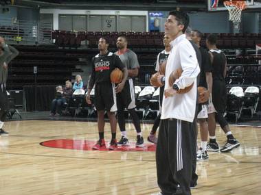 Mike Peck, shown with members of the Idaho Stampede, during a shoot-around at CenturyLink Arena on Saturday, Dec. 29, 2012.