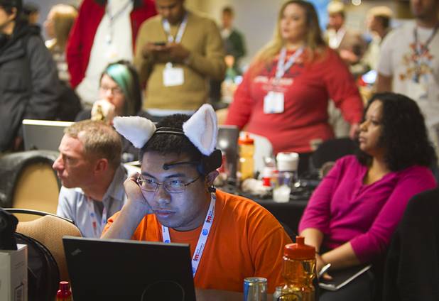 Eric Medina of Glendale, Calif.  takes part in a 26-hour innovation Hackathon at the Palms Saturday, January 5, 2013. More than 200 innovators competed for $125,000 in cash and prizes as they tried to develop the mobile apps of tomorrow. The event is a prelude to the annual AT&T Developer Summit .