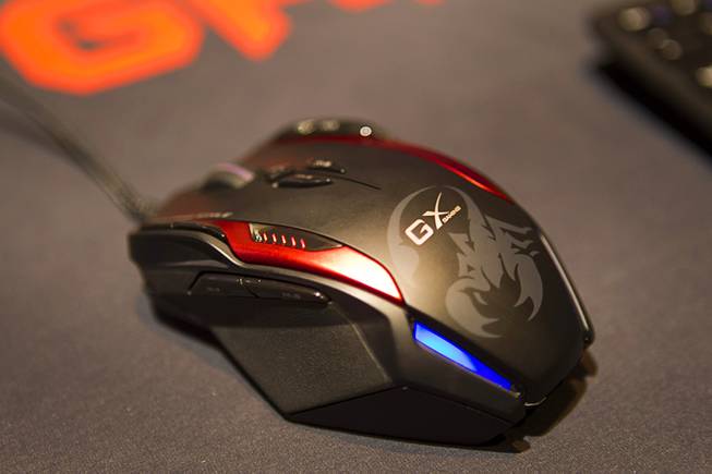 A 12-button Gila GX Gaming Series mouse by Genius is displayed at the opening press event of the 2013 International CES at the Mandalay Bay Convention Center Sunday, January 6, 2013. The extremely precise mouse can record up to 72 macro keys per button, a representative said. The mouse retails for $99.00.