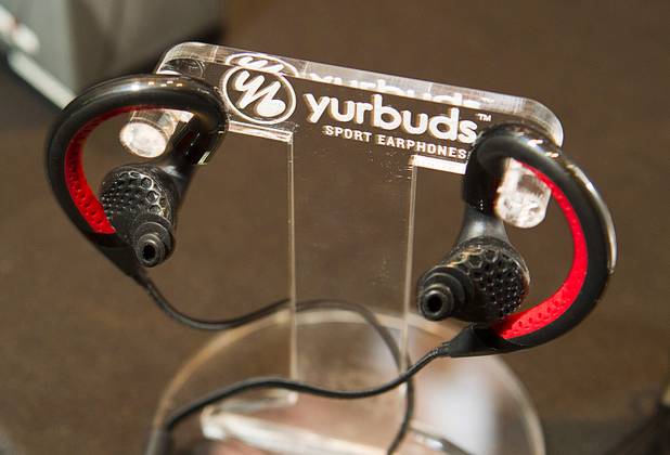 Yurbuds sport earphones are displayed at the opening press event of the 2013 International CES at the Mandalay Bay Convention Center Sunday, January 6, 2013. The earphones can be made ambient-aware or noise isolating depending earpieces used. Both types are included. The earphones retail for $99.00.