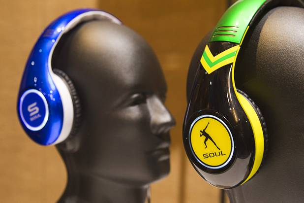 A Tim Tebow (L) and Usain Bolt-themed Soul SL300 noise canceling headphones displayed at the opening press event of the 2013 International CES at the Mandalay Bay Convention Center Sunday, January 6, 2013. The headphones retail for $299.00.