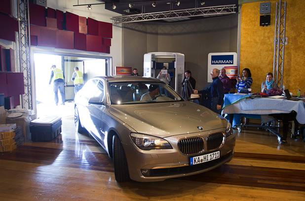 Dave Bell, of Reliable Crane, drives into the Studio at the Palms Sunday, Jan. 6, 2013. The concept BMW 740i, equipped with a new Harman electronic system, will be unveiled Tuesday, a representative said. Harman is using the recording studio as a showroom to show off the system.