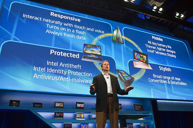 Kirk Skaugen, vice president of PC client group for Intel, speaks at an Intel press conference during the 2013 International CES in the Mandalay Bay Convention Center Monday, January 7, 2013. Intel announced improvements to its processors including one with "all day" battery life. Intel also announced the availability of live and on-demand pay TV content to Intel devices.