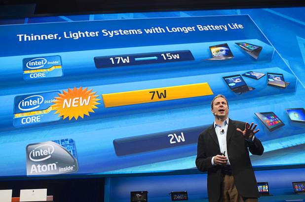 Kirk Skaugen, Intel's vice president of PC client group, announced new Intel processors at a press conference during the 2013 International CES in the Mandalay Bay Convention Center Monday, January 7, 2013. Intel announced a variety of improvements to its processors including one with "all day" battery life. Intel also announced the availability of live and on-demand pay TV content to Intel devices.