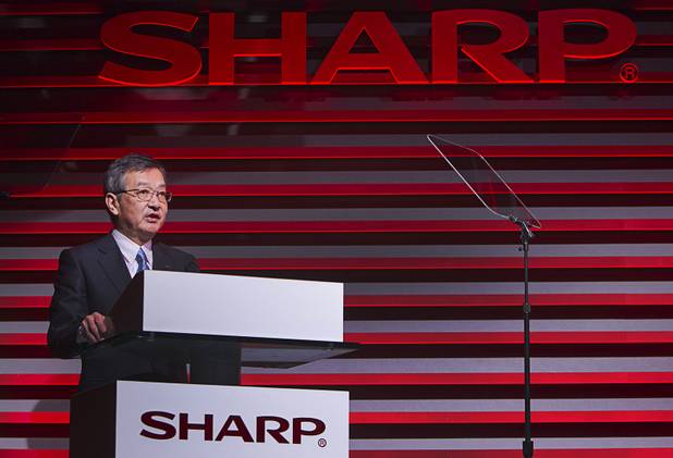 Kozo Takahashi, representative director/executive vice president of Sharp Corporation, speaks at a Sharp press conference during the 2013 International CES in the Mandalay Bay Convention Center Monday, January 7, 2013. Sharp introduced new television technology and devices made with IGZO technology (Indium gallium zinc oxide) which promises ultra-high screen resolution with very low power usage.