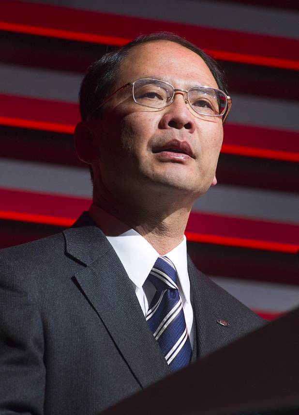 Toshi Osawa, CEO and chairman of Sharp Electronics Marketing Company of America, speaks at a Sharp press conference during the 2013 International CES in the Mandalay Bay Convention Center Monday, January 7, 2013. Sharp introduced new television technology and devices made with IGZO technology (Indium gallium zinc oxide) which promises ultra-high screen resolution with very low power usage.