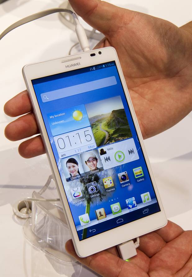 An Ascend Mate smart phone with a 6.1-inch screen by Huawei is displayed during the first day of the 2013 International CES in the Las Vegas Convention Center Tuesday, Jan. 8, 2013. STEVE MARCUS