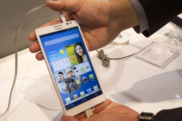 An Ascend Mate smart phone with a 6.1-inch screen by Huawei is displayed during the first day of the 2013 International CES in the Las Vegas Convention Center Tuesday, Jan. 8, 2013. STEVE MARCUS