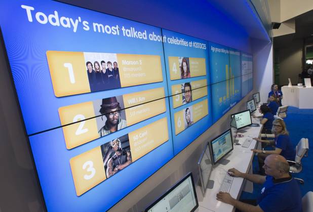 A Social Media Command Center powered by the Salesforce Marketing Cloud monitors social media traffic during the first day of the 2013 International CES in the Las Vegas Convention Center Tuesday, Jan. 8, 2013. STEVE MARCUS