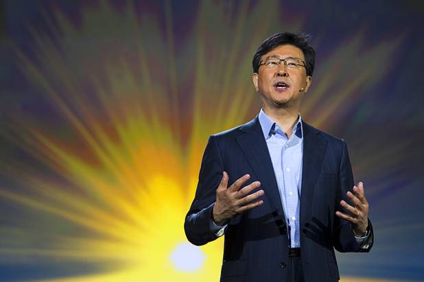Stephen Woo, president of Device Solutions Business for Samsung Electronics, speaks during a keynote address at the 2013 International CES Wednesday January 9, 2013. Samsung introduced a new faster processor and prototype devices with flexible OLED screens.