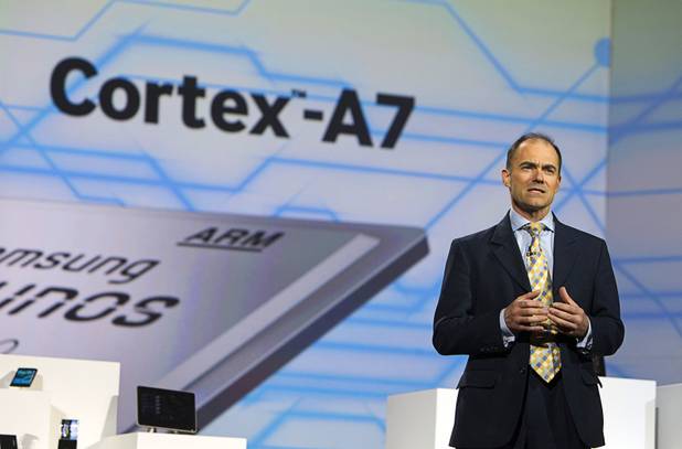 Warren East, CEO of ARM, speaks during a Samsung Electronics keynote address at the 2013 International CES Wednesday January 9, 2013.