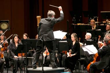 Taras Krysa conducts the Las Vegas Philharmonic during the Youth Concert Series at The Smith Center to an audience of 4th and 5th graders from schools all around the valley, Friday, Jan. 11,&nbsp;2013.