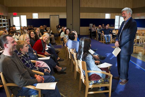 Child psychologist and author Michael Thompson, right, laughs as he questions Justin Mosher, 10, (2nd left) during a free parenting workshop at the Adelson Educational Campus in Summerlin Sunday, January 13, 2013.