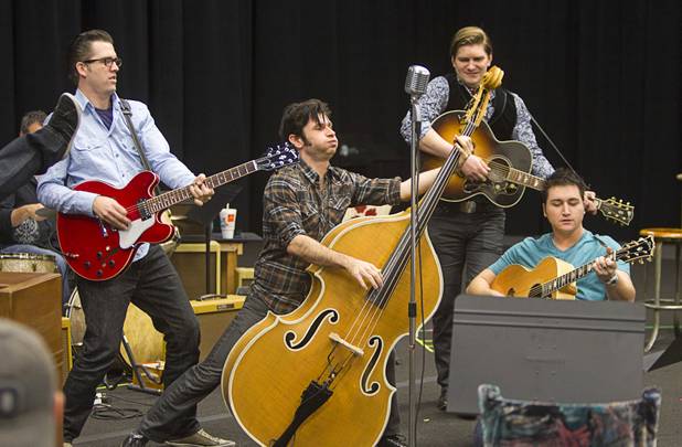 Cast members perform during a rehearsal for "Million Dollar Quartet" in a warehouse near The Orleans on Tuesday, Jan. 15, 2013. "Million Dollar Quartet" is based on a performance by Johnny Cash, Jerry Lee Lewis, Carl Perkins and Elvis Presley at Sun Records in Memphis on Dec. 4, 1956. The new show begins at Harrah's Las Vegas on Feb. 4.