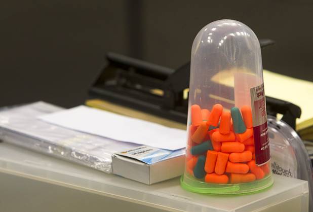 A supply of ear plugs sit on a table during a rehearsal for "Million Dollar Quartet" in a warehouse near The Orleans on Tuesday, Jan. 15, 2013. "Million Dollar Quartet" is based on a performance by Johnny Cash, Jerry Lee Lewis, Carl Perkins and Elvis Presley at Sun Records in Memphis on Dec. 4, 1956. The new show begins at Harrah's Las Vegas on Feb. 4.