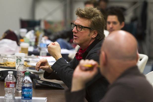 Musical director Chuck Mead, right, talks with cast members during a rehearsal for "Million Dollar Quartet" in a warehouse near The Orleans on Tuesday, Jan. 15, 2013. "Million Dollar Quartet" is based on a performance by Johnny Cash, Jerry Lee Lewis, Carl Perkins and Elvis Presley at Sun Records in Memphis on Dec. 4, 1956. The new show begins at Harrah's Las Vegas on Feb. 4.