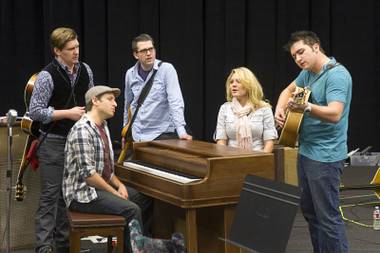 Cast members rehearse for “Million Dollar Quartet” in a warehouse near The Orleans on Tuesday, Jan. 15, 2013. From left are Benjamin D. Hale as Johnny Cash, Martin Kaye as Jerry Lee Lewis, Robert Britton Lyons as Carl Perkins, Felice Garcia as Dyanne and Tyler Hunter as Elvis Presley.