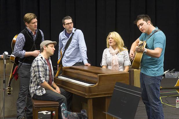 Cast members rehearse for "Million Dollar Quartet" in a warehouse near The Orleans on Tuesday, Jan. 15, 2013. From left are Benjamin D. Hale as Johnny Cash, Martin Kaye as Jerry Lee Lewis, Robert Britton Lyons as Carl Perkins, Felice Garcia as Dyanne and Tyler Hunter as Elvis Presley.