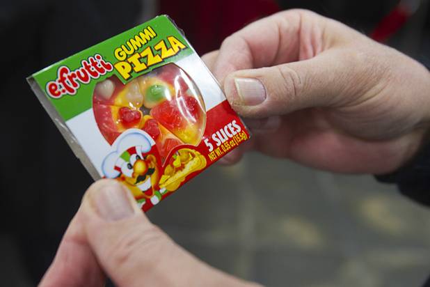 Gummi Pizza candy is displayed at Movies & Candy, 10895 S. Eastern Ave., Thursday, January 17, 2013. Movie fan Trevor Layne opened the video shop last November when his house started overflowing with movies.