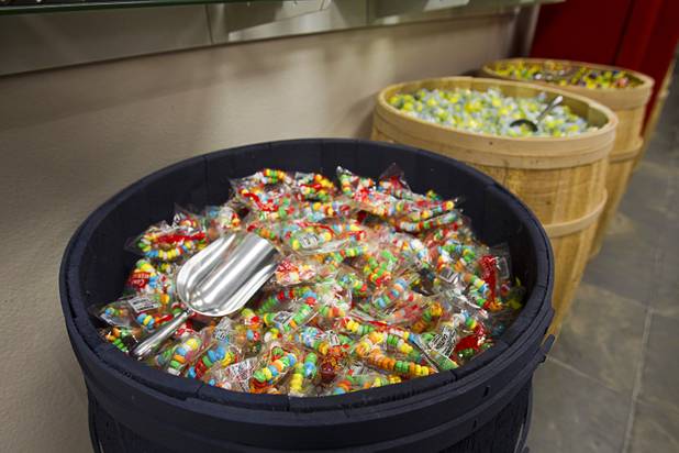 Bins of candy fill bins at Movies & Candy, 10895 S. Eastern Ave., Thursday, January 17, 2013. Movie fan Trevor Layne opened the video shop last November when his house started overflowing with movies.