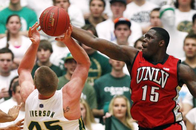 UNLV forward Anthhony Bennett blocks a shot by Colorado State forward Colton Iverson Saturday, Jan. 19, 2013 at Moby Arena in Ft. Collins, Colo. Colorado State won the game 66-61.