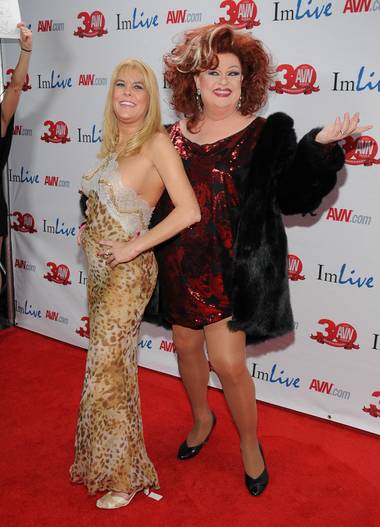 Sunset Thomas and Jimmy Emmerson arrive at the 2013 AVN Awards red carpet at The Joint in the Hard Rock Hotel on Saturday, Jan. 19, 2013.