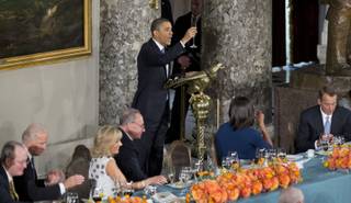 President Barack Obama makes a toast during a luncheon on Capitol Hill in Washington, Monday, Jan. 21, 2013, following his ceremonial swearing-in during the 57th Presidential Inauguration. from left are, Sen. Lamar Alexander, R-Tenn., Vice President Joe Biden, Jill Biden, Sen. Charles Schumer, D-N.Y., chairman of the Joint Congressional Committee on Inaugural Ceremonies first lady Michelle Obama and House Speaker John Boehner of Ohio. 