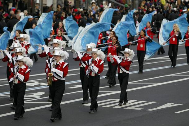 The Jackson Memorial High School Jaguar Band of Jackson, N.J., performs in President Barack Obama's inaugural parade in Washington, Monday,Jan. 21, 2013, following the president's ceremonial swearing-in ceremony during the 57th Presidential Inauguration. 