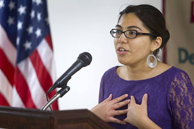 Dreamer Blanca Gamez speaks during a news conference calling for immigration reform at the Progressive Leadership Alliance of Nevada (PLAN) offices in downtown Las Vegas Monday, Jan. 28, 2013.