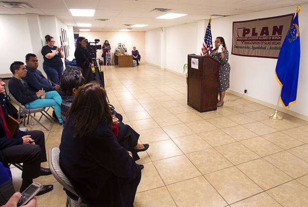 Laura Martin, communications director with the Progressive Leadership Alliance of Nevada (PLAN), speaks during a news conference calling for immigration reform at the PLAN offices in downtown Las Vegas Monday, Jan. 28, 2013.