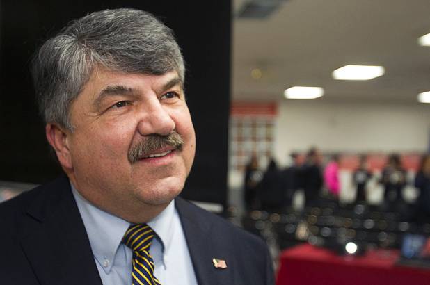 AFL-CIO President Richard Trumka responds to questions during an interview following a gathering of union leaders, working families and community partners at the Culinary Workers Local 226 union hall Tuesday, Jan. 29, 2013.