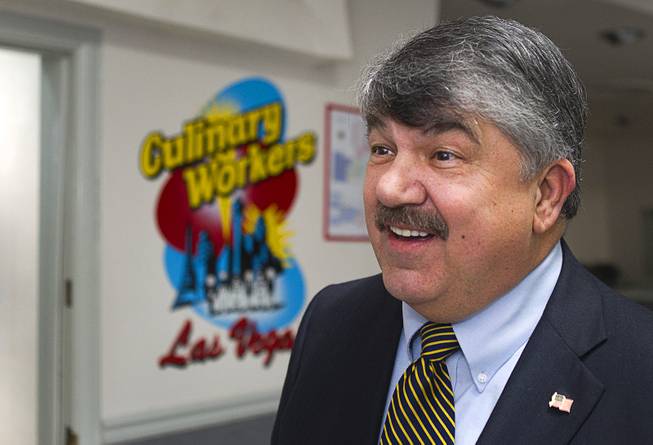 AFL-CIO President Richard Trumka responds to questions during an interview following a gathering of union leaders, working families and community partners at the Culinary Workers Local 226 union hall Tuesday, Jan. 29, 2013.