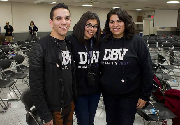 Dreamers, from left, Rafael Lopez, Blanca Gamez, and Astrid Silva pose following a gathering of union leaders, working families and community partners at the Culinary Workers Local 226 union hall Tuesday, Jan. 29, 2013.